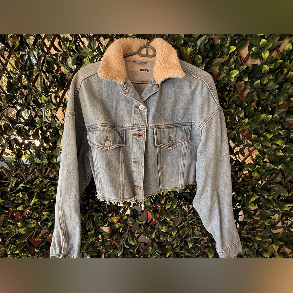 Topshop Light Blue Denim Jacket with Tan Collar